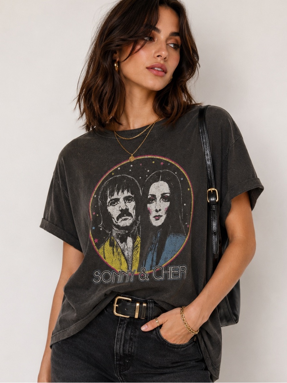 Midnight Rider Vintage Inspired Concert Band Tee Sonny & Cher Graphic Charcoal